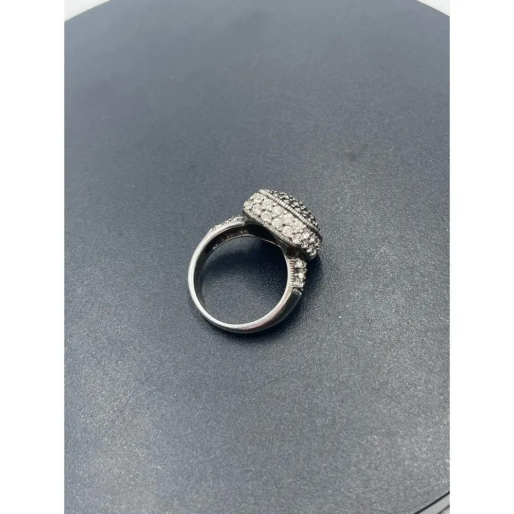 Sterling Silver Signed Ring Marcasite Crystal Cocktail Ring Vintage Style Size 8
